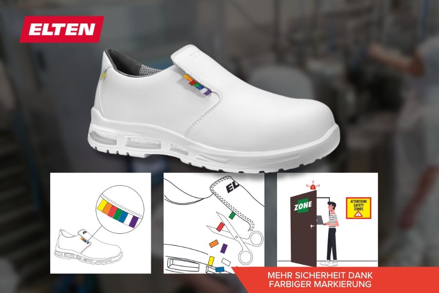 Weißer Sicherheits-Slipper mit farbiger Markierung, dieser wird unter dem echten Produkt auf 3 Grafiken dargestellt. 1: Sicherheitsschuh und die farbige Markierung vergrößert. 2. Die Markierung besteht aus einzelnen farbigen Streifen, wobei jeder eine eigen Farbe hat. Mittels Schere können die Streifen entsprechenden entfernt werden, so das nur mehr eine Farbe übrig bleibt in diesem Fall Grün. 3. Hier sieht man eine Person in die "Grüne" Zone gehen mit seinen dafür vorgesehenen Sicherheitsschuhen. Das Produkt und die 3 Bilder sind auf einem dunklen verschwommenen Hintergrund  ganz oben in das "Elten" Logo zu sehen unten ist ein Text der lautet: "Mehr Sicherheit dank farbiger Markierung".