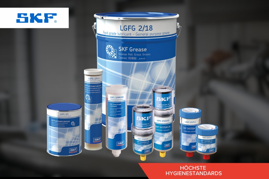 Eine Auswahl an SKF-Schmierfetten in verschiedenen Größen, darunter ein großer LGFG 2/18-Behälter. Die Produkte sind in blau-weißem Farbschema als lebensmittelverträgliche Schmierstoffe gekennzeichnet. Auf einem roten Banner steht „Höchste Hygienestandards“.
