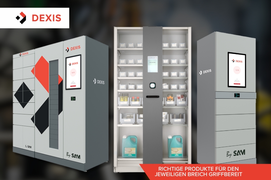 Drei graue Industrie-Ausgabeautomaten mit digitalen Bildschirmen. Jeder Ausgabeautomat ist mit dem  „DEXIS“-Logo gebrandet. Der Text unten rechts im Bild lautet „Richtige Produkte für den jeweiligen Bereich griffbereit“.